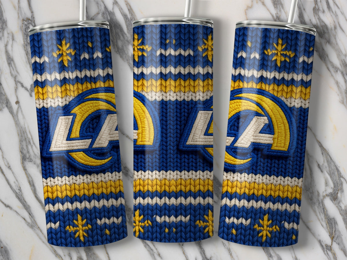 Three tumblers with Los Angeles Rams logo on a blue knit pattern.