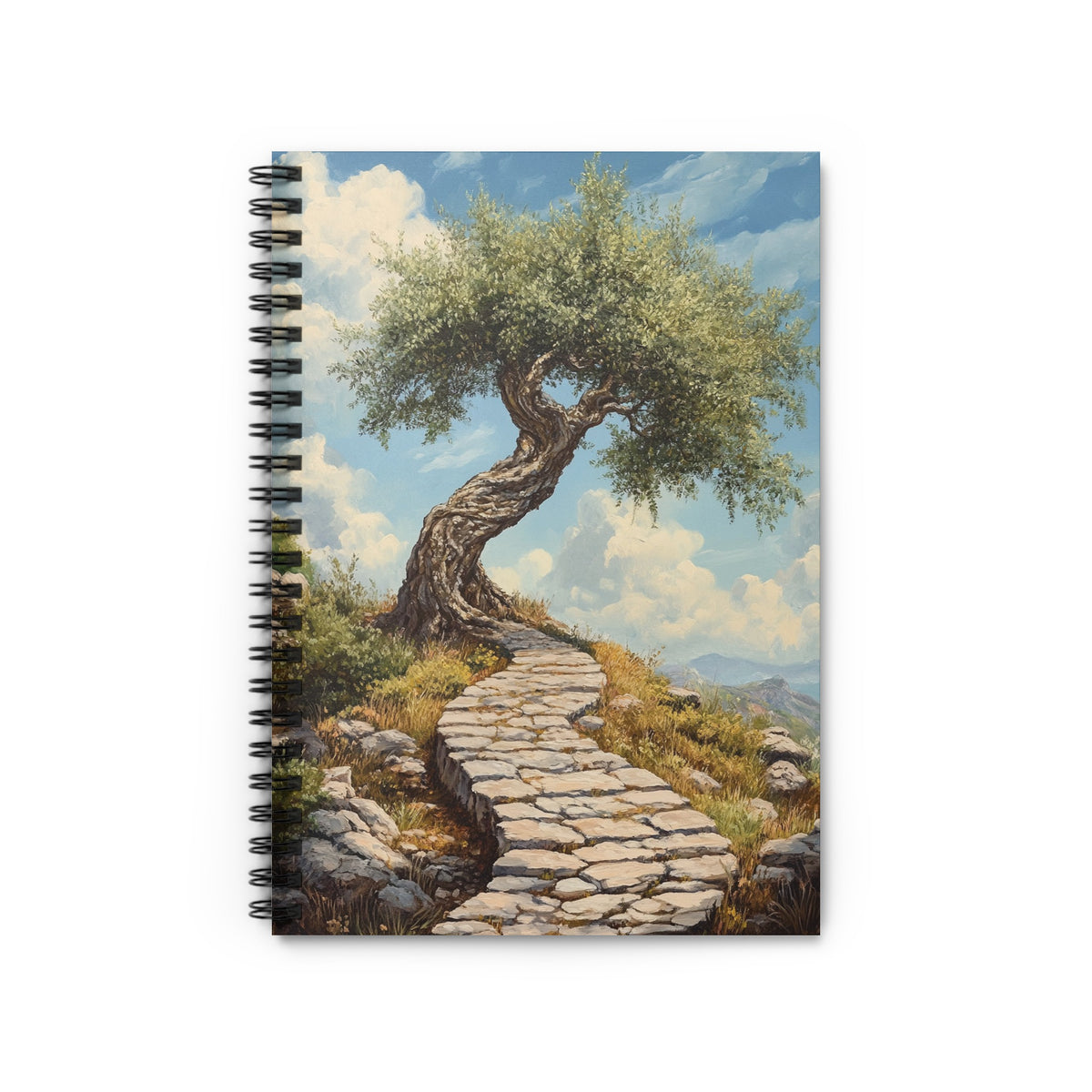Spiral notebook with a winding stone path leading to a twisted olive tree.