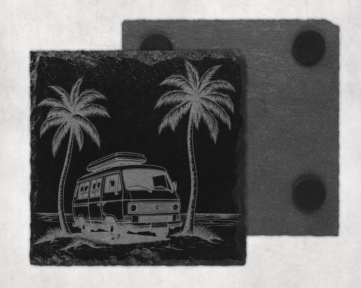 Engraved slate coaster with a camper van and palm trees design.