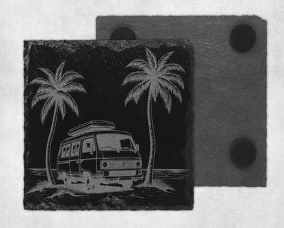 Engraved slate coaster with a camper van and palm trees design.