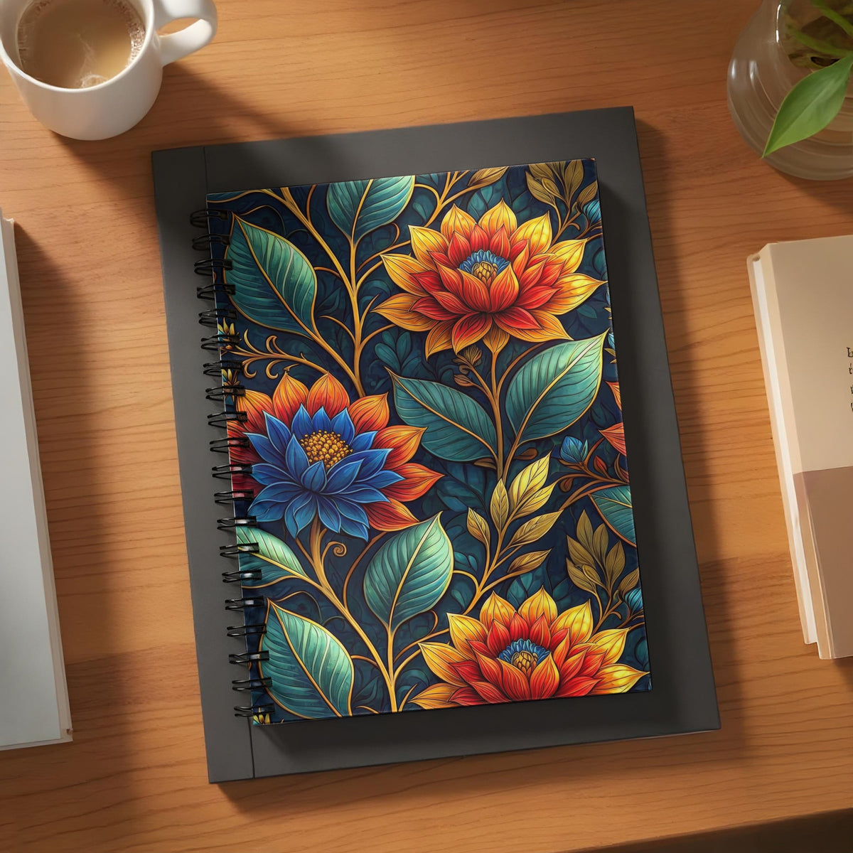 Spiral-bound notebook with a dark blue background and vibrant floral pattern.