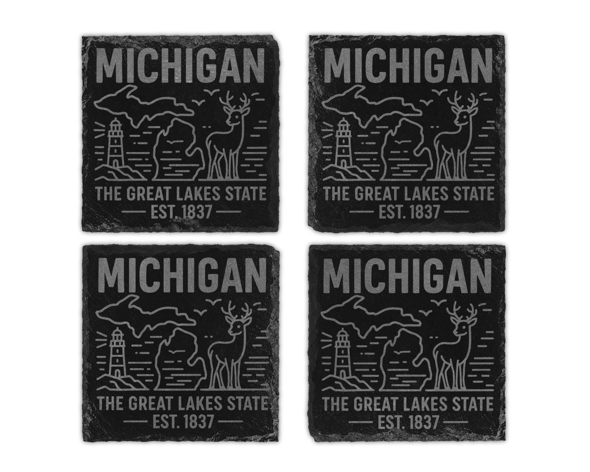 Four slate coasters with Michigan designs, lighthouses, deer, and text.
