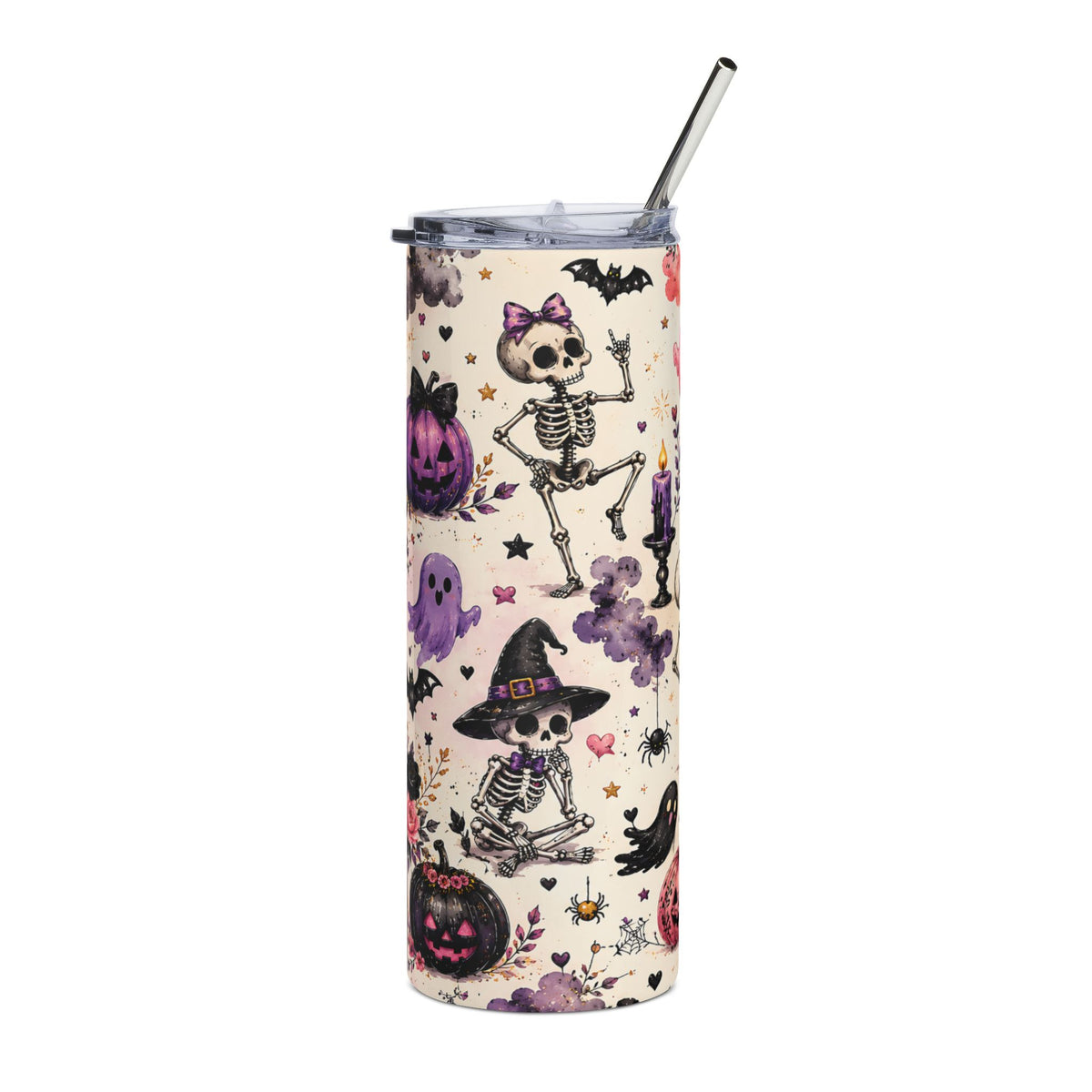 Tall tumbler with Halloween-themed skeleton, pumpkin, and ghost pattern.