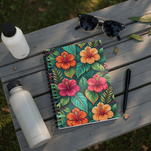 Spiral notebook with a colorful hibiscus flower and leaf pattern.