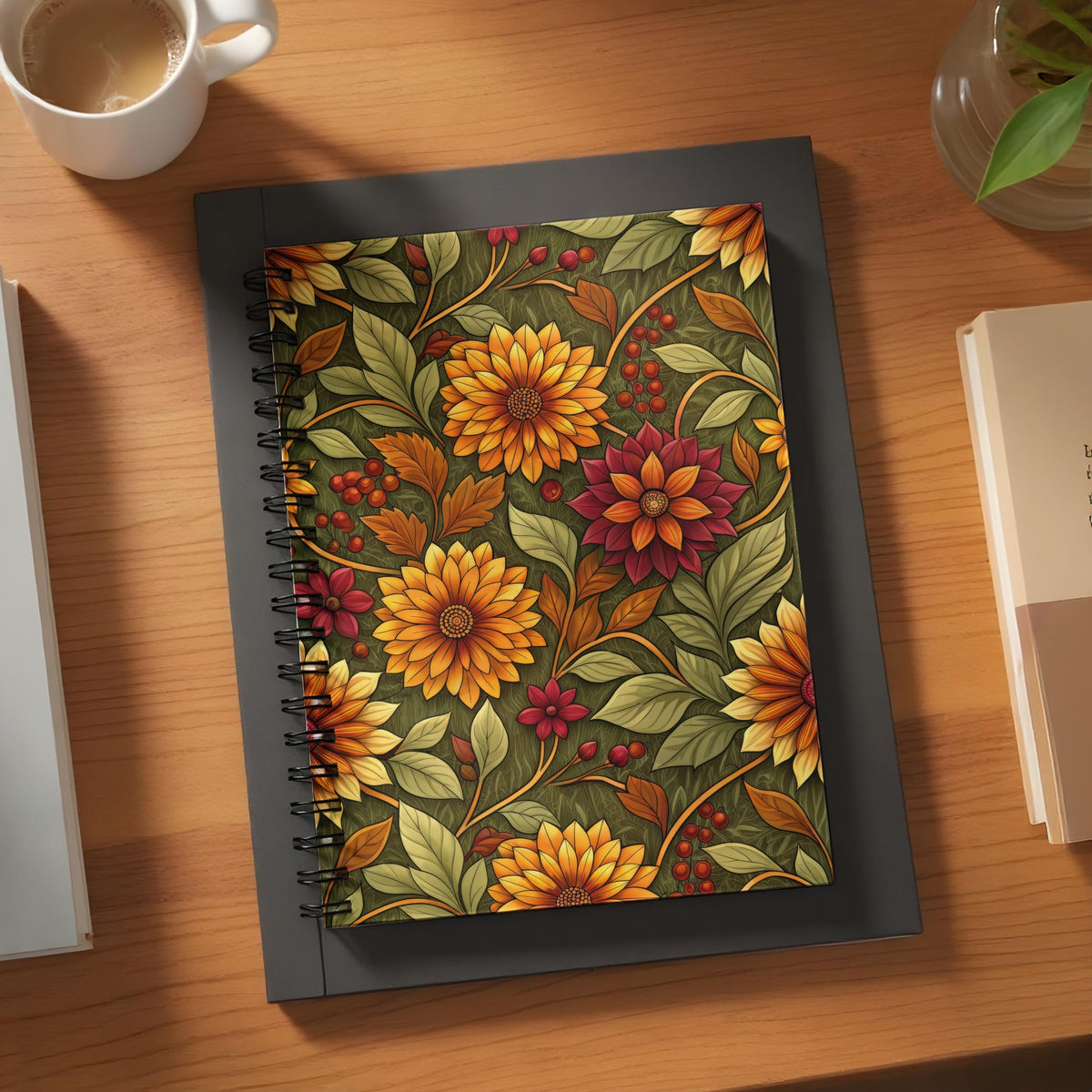Spiral bound notebook with a vintage floral and berry pattern.