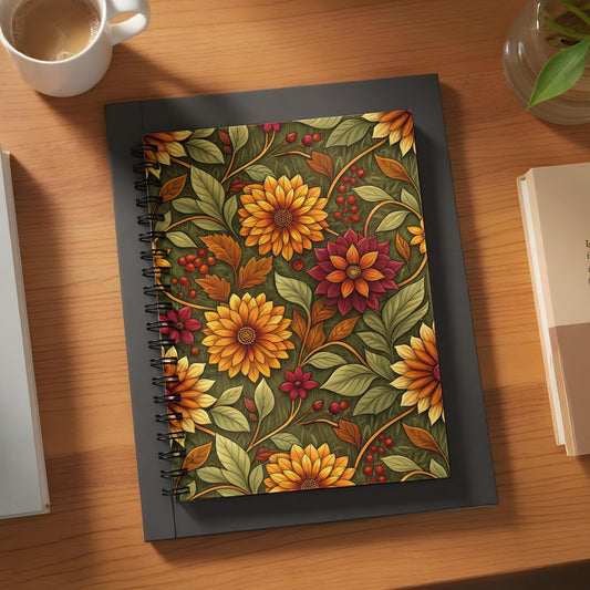 Spiral bound notebook with a vintage floral and berry pattern.
