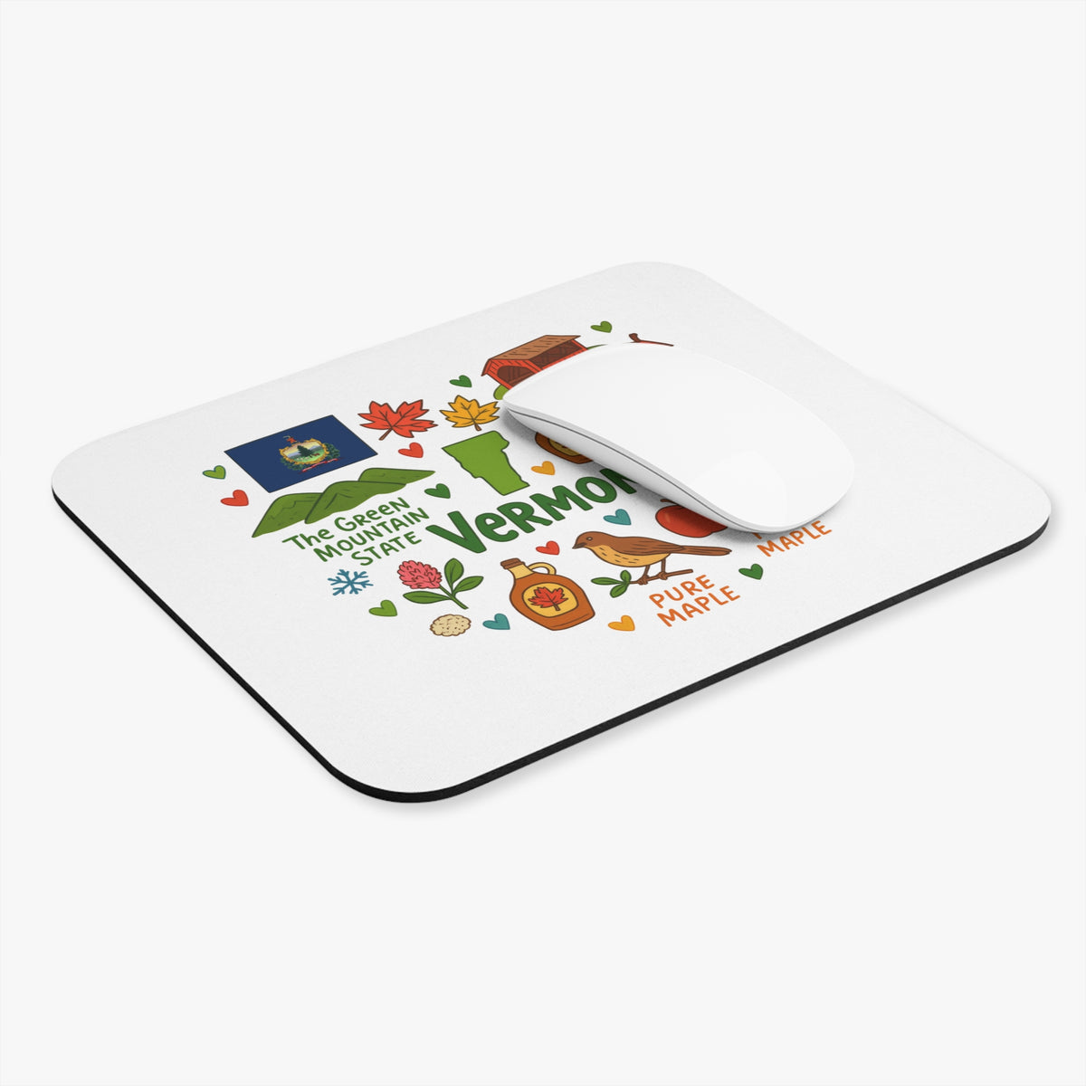 Mousepad with Vermont flag, maple leaves, barn, bird, and "Pure Maple" text.