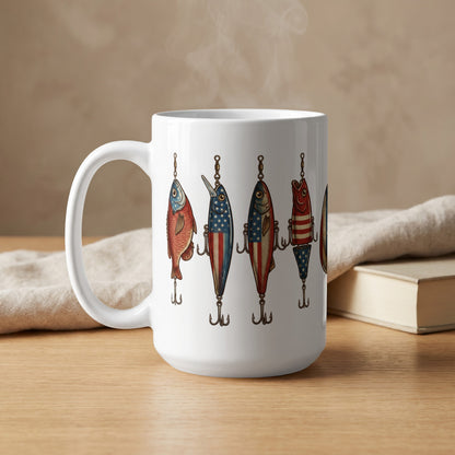 White mug with fishing lures and American flag design, steaming gently.