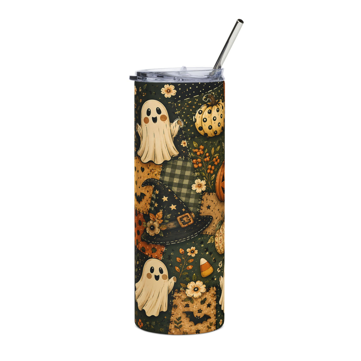 Tall tumbler with Halloween pattern featuring ghosts, pumpkins, witch hat, and candy corn.
