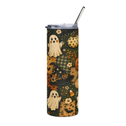 Tall tumbler with Halloween pattern featuring ghosts, pumpkins, witch hat, and candy corn.