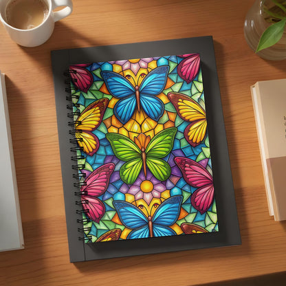 Spiral notebook with colorful stained-glass butterfly pattern cover.