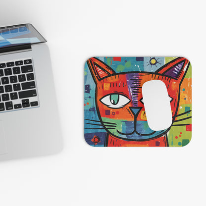 A colorful, abstract cat mousepad rests on a white desk beside a silver laptop with a white mouse on top.