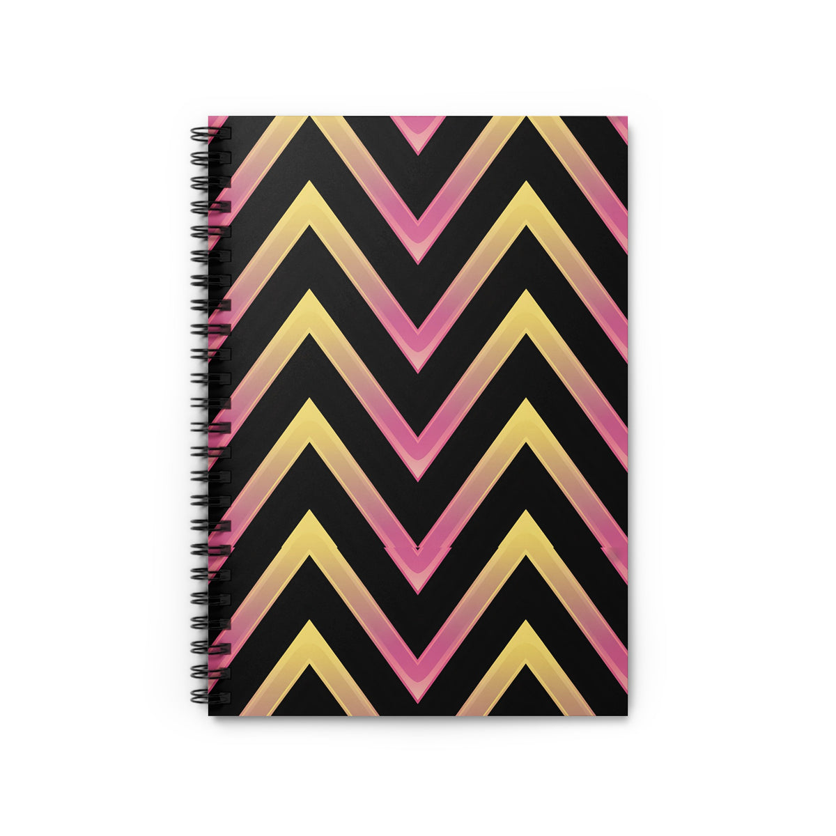 Spiral notebook with black cover featuring a pink and yellow chevron pattern.