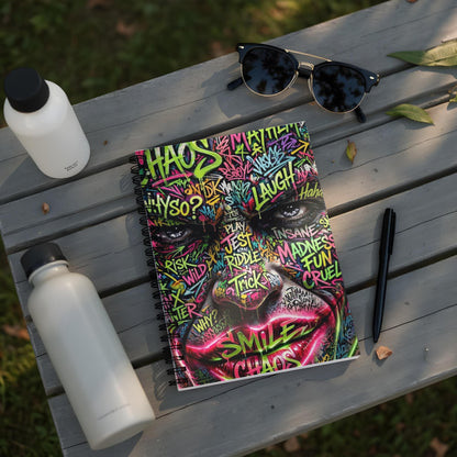 Graffiti-covered face with text "HAOS", "LAUGH", "SMILE", "CHAOS" on a notebook.