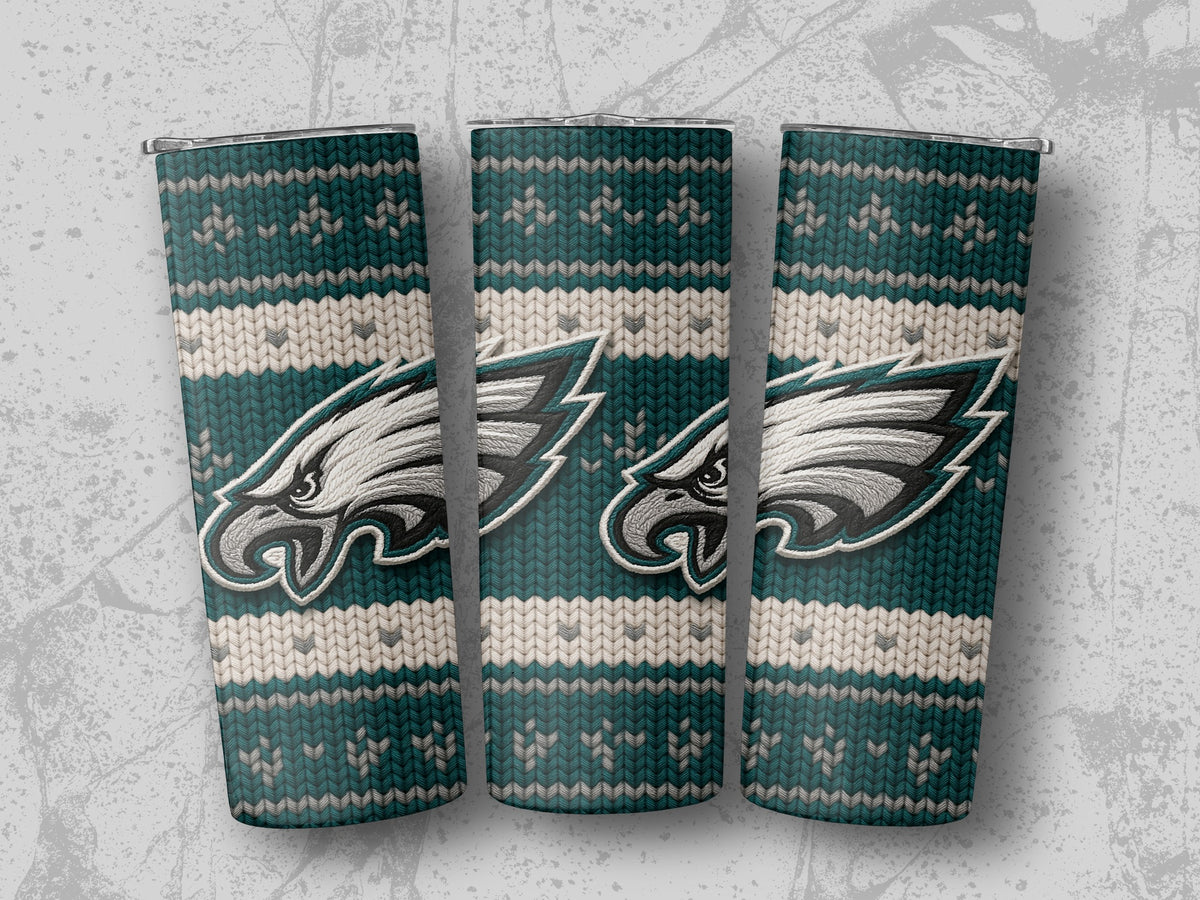 Philadelphia Eagles logo on teal and cream knit pattern tumblers.