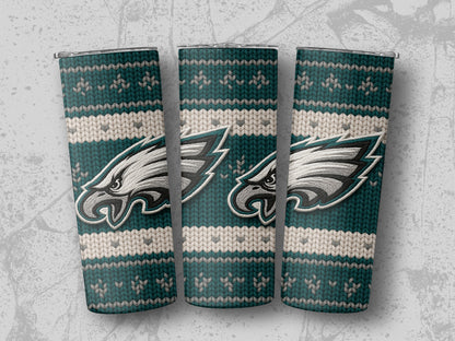 Philadelphia Eagles logo on teal and cream knit pattern tumblers.