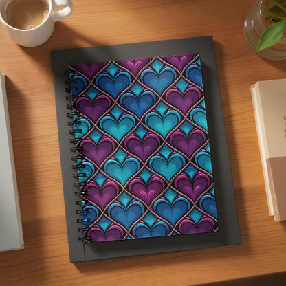 Spiral notebook with a repeating pattern of purple and blue hearts.