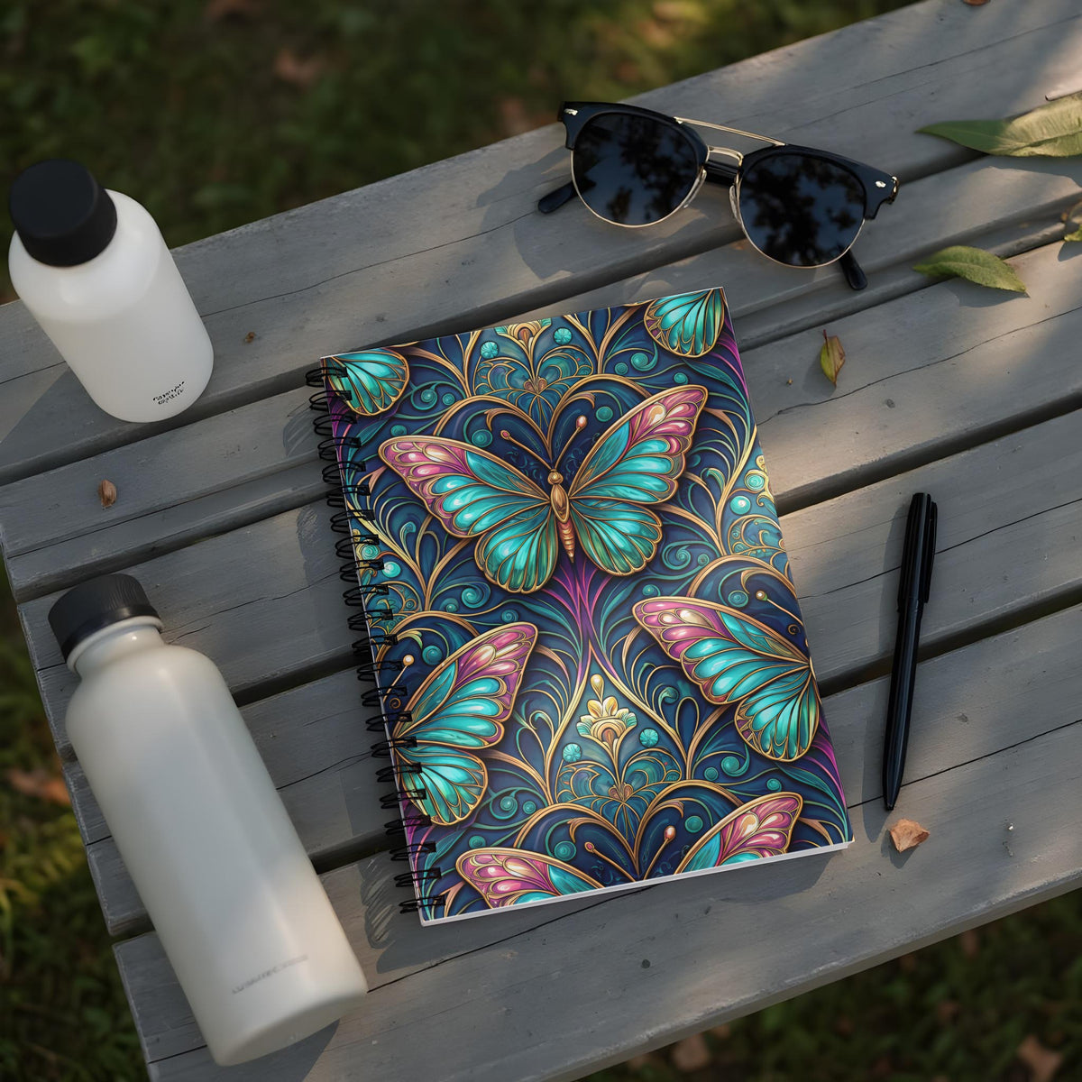 Spiral notebook with a dark blue, ornate butterfly and floral design.