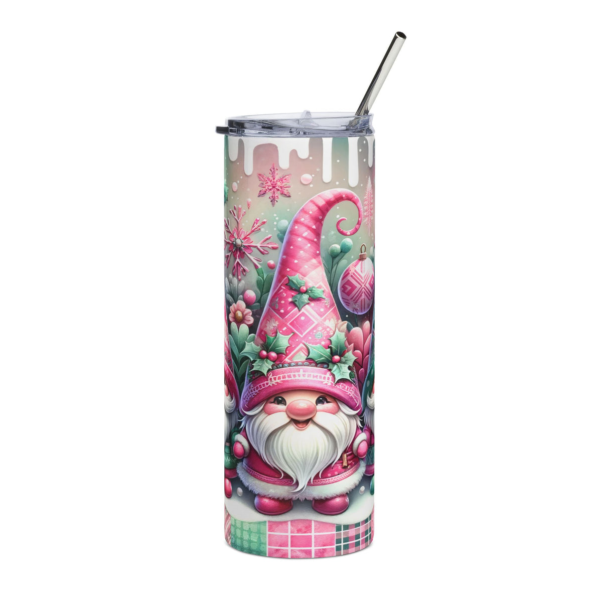 Tumbler with festive gnome, snowflake, and ornament design and a metal straw.