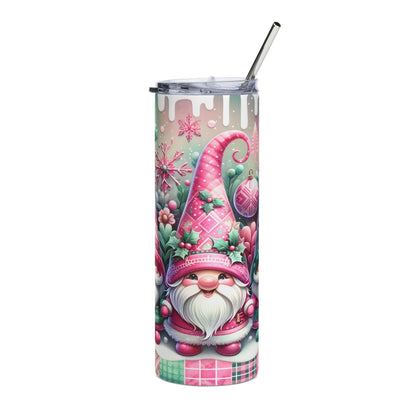 Tumbler with festive gnome, snowflake, and ornament design and a metal straw.