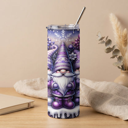 Purple gnomes and snowflake design on a tumbler with a silver straw.