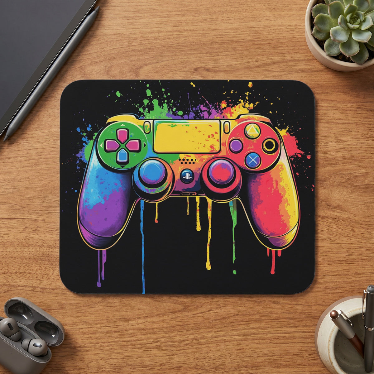 Colorful, dripping paint video game controller on black background, top view.