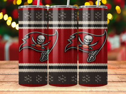 Tampa Bay Buccaneers tumbler with a knit pattern and Christmas lights in background.