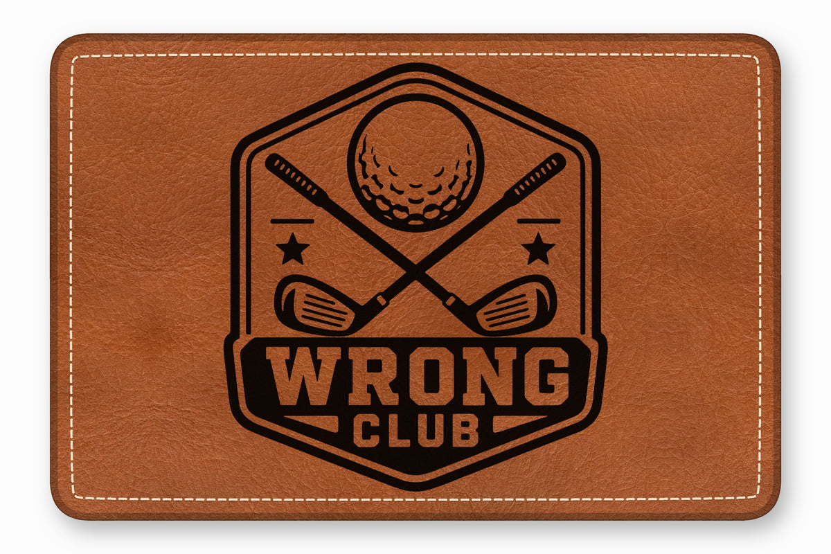Brown leather patch featuring a black golf emblem with crossed clubs, a ball, and the text Wrong Club.