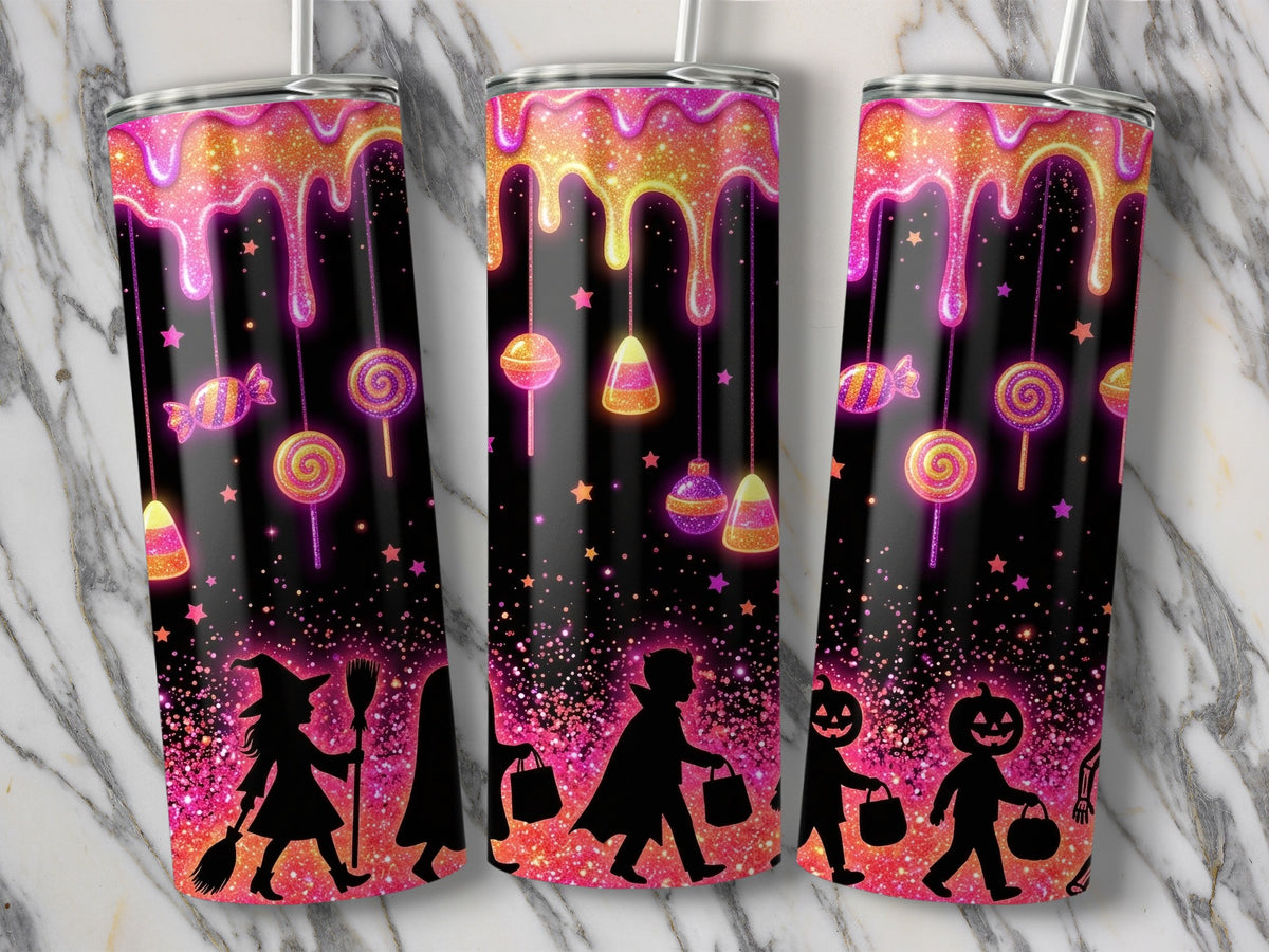 Halloween tumbler with dripping candy, trick-or-treaters, glitter, and stars.