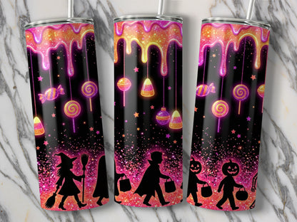 Halloween tumbler with dripping candy, trick-or-treaters, glitter, and stars.