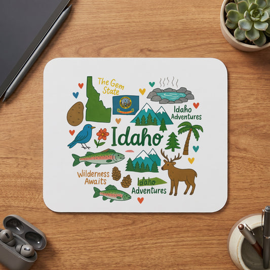 Idaho state illustrated with icons: state map, bird, fish, deer, and hot springs.