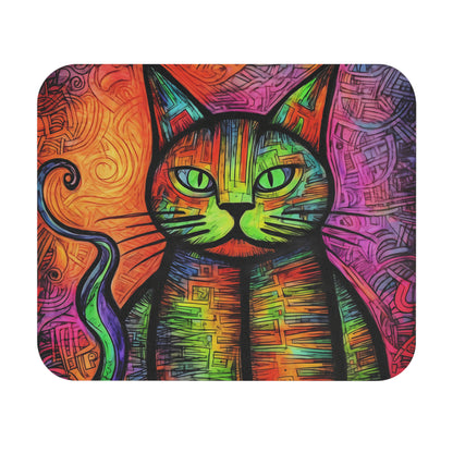 A mouse pad featuring an abstract, colorful illustration of a cat with bright green eyes.
