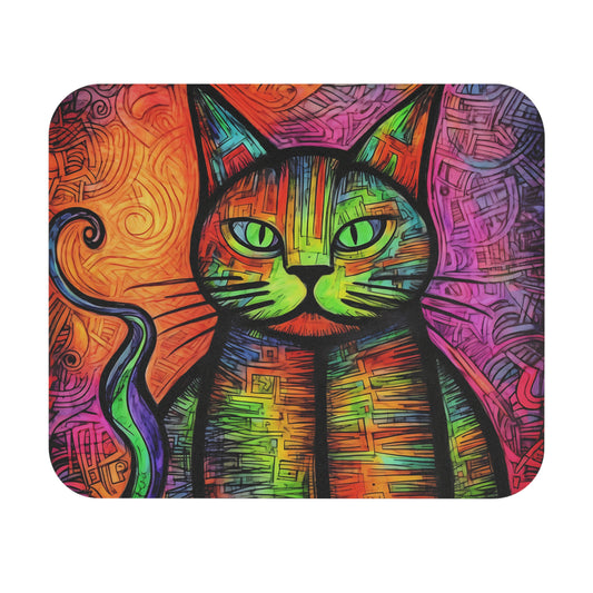 A mouse pad featuring an abstract, colorful illustration of a cat with bright green eyes.