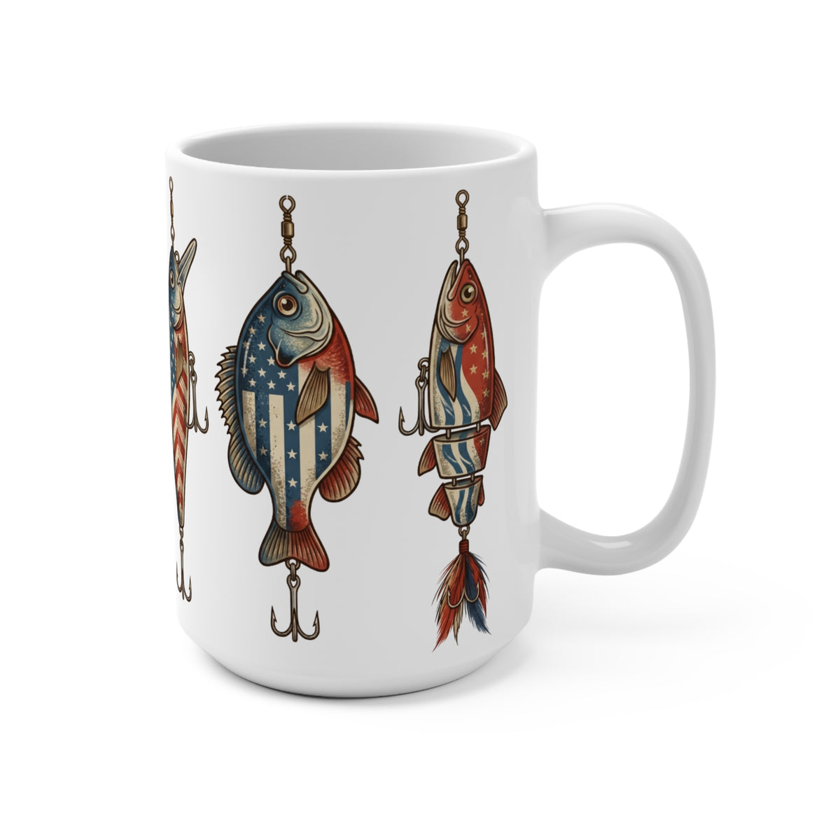 White mug with three American flag-themed fishing lures hanging.