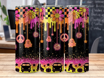 Tumbler with groovy 60s/70s inspired design featuring smiley flowers and dripping paint.