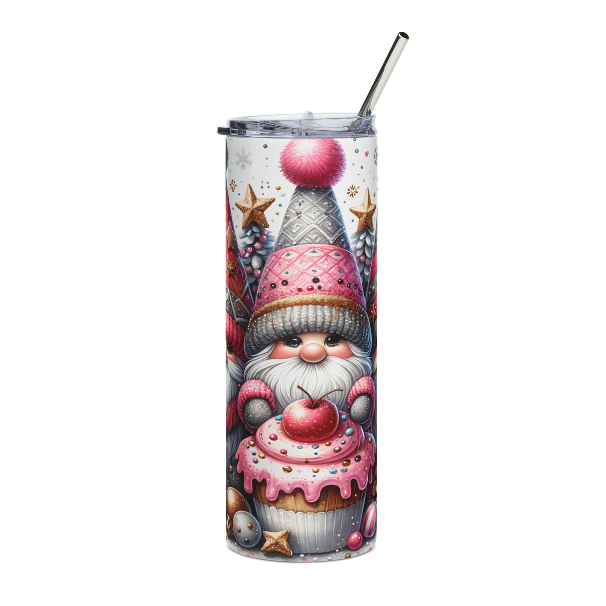 Tumbler with gnome, cupcake, Christmas trees, and festive ornaments.