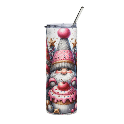 Tumbler with gnome, cupcake, Christmas trees, and festive ornaments.