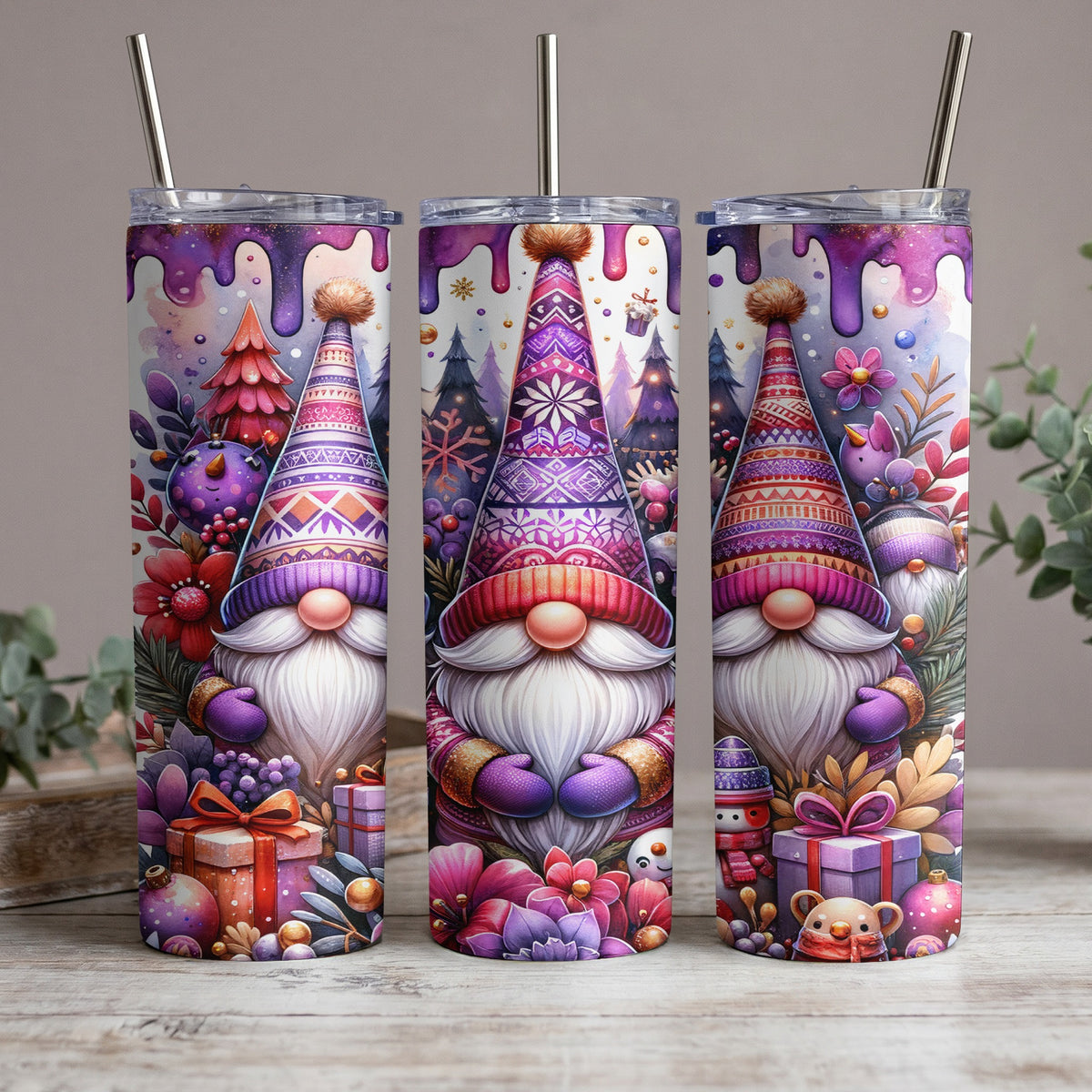 Three tumblers with a whimsical gnome and winter forest design.