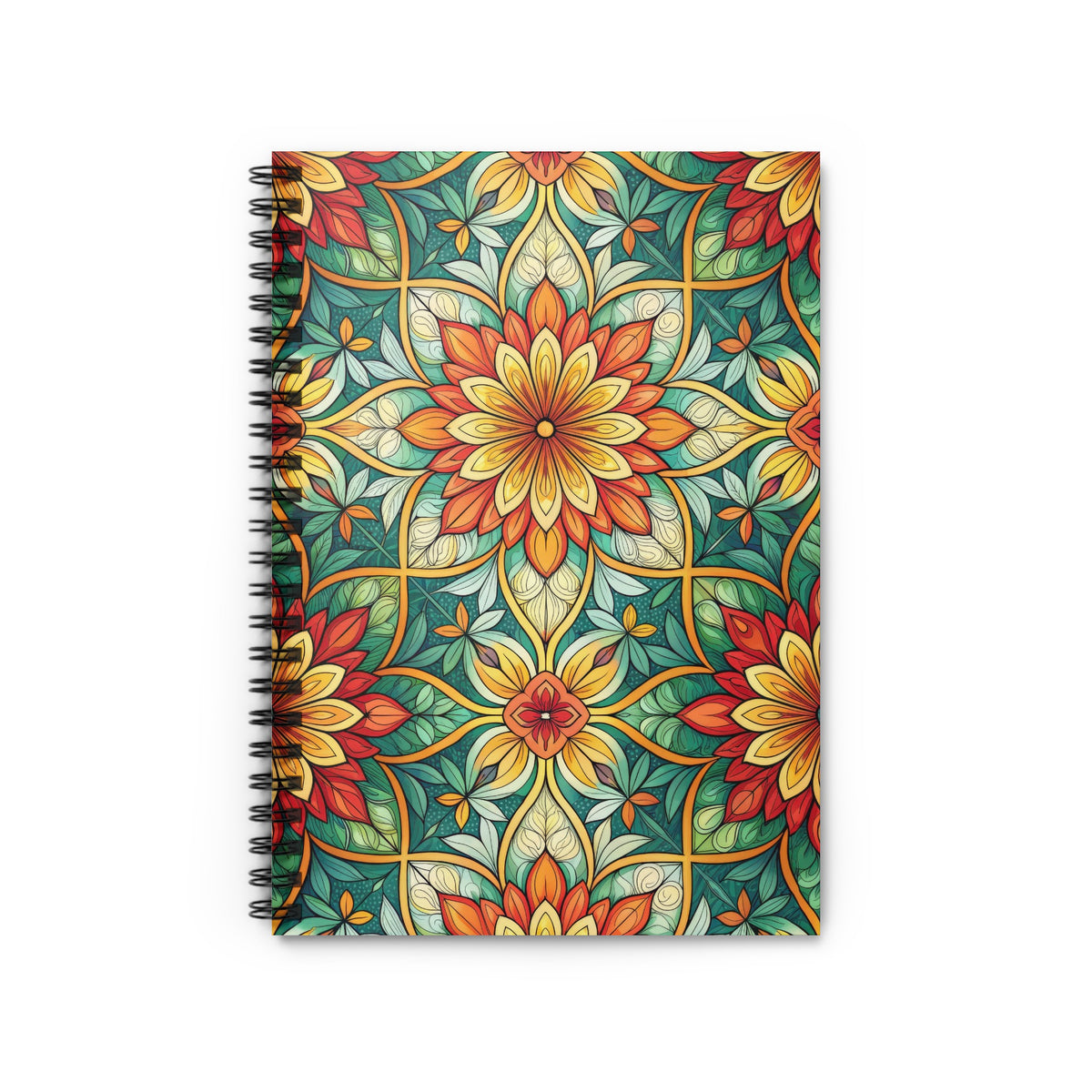 Spiral notebook with a colorful floral mandala design on the cover.