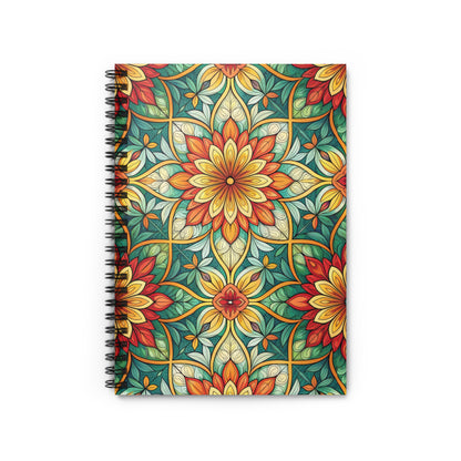 Spiral notebook with a colorful floral mandala design on the cover.