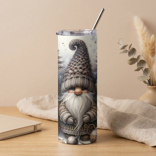 Tumbler featuring a gnome with a long white beard, knitted hat, and winter scene.
