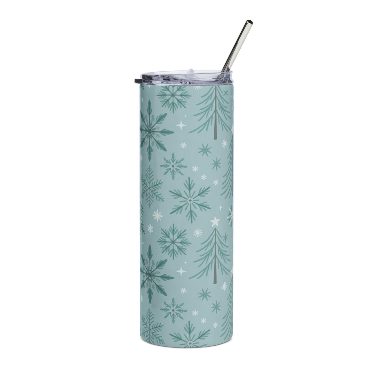 Light blue tumbler with repeating snowflake and pine tree pattern and metal straw.