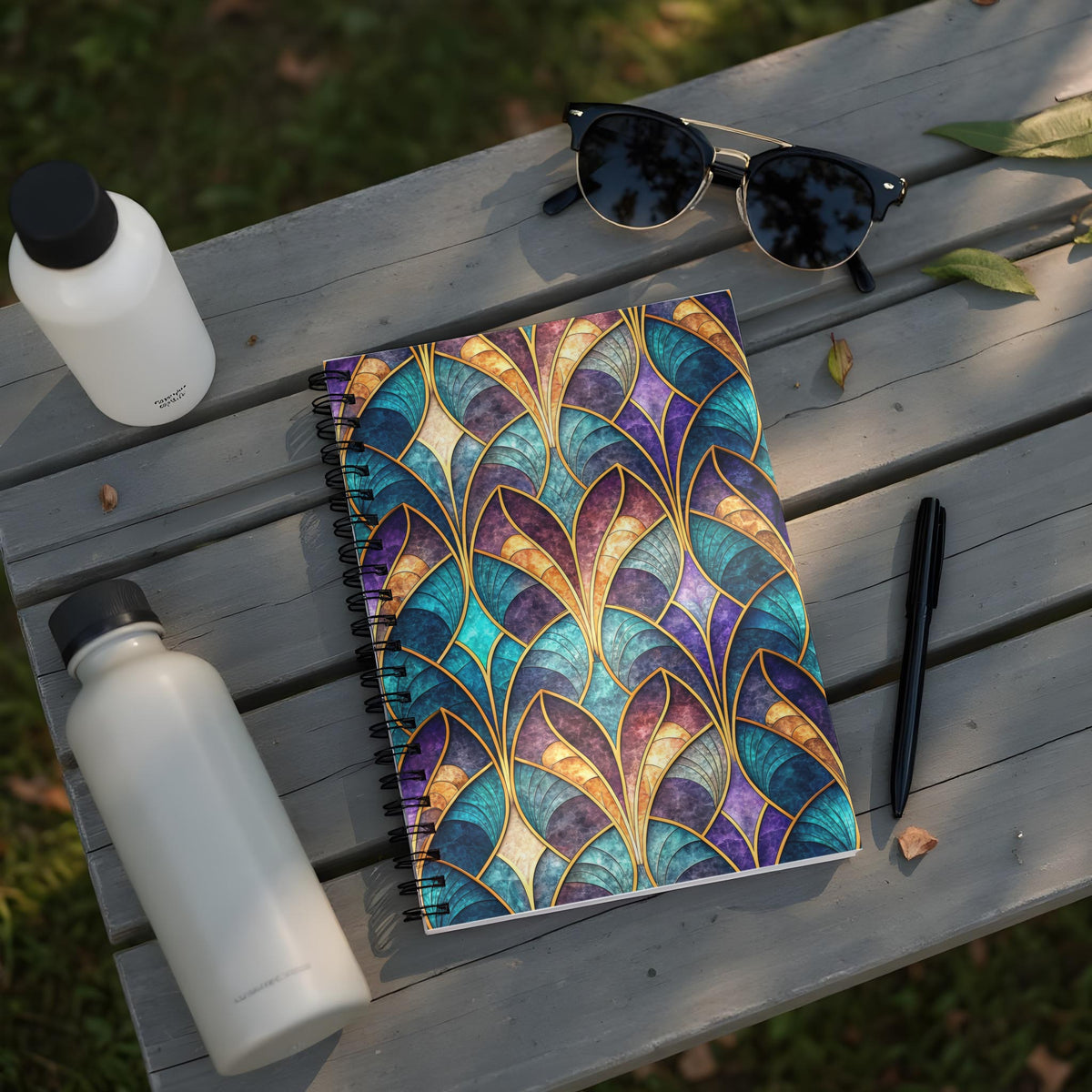 Notebook with stained glass pattern, two water bottles, sunglasses, and pen on a wooden surface.