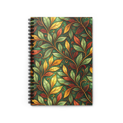 Spiral bound notebook with a green background and a colorful floral vine pattern.