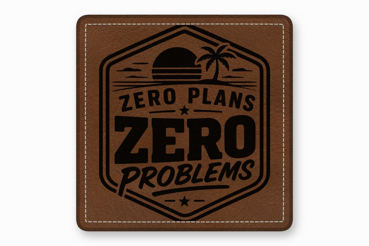 Square brown leather patch with white stitched border and a black engraved tropical beach design.