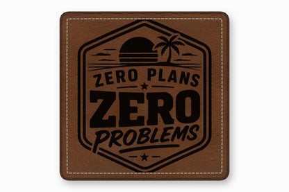 Square brown leather patch with white stitched border and a black engraved tropical beach design.