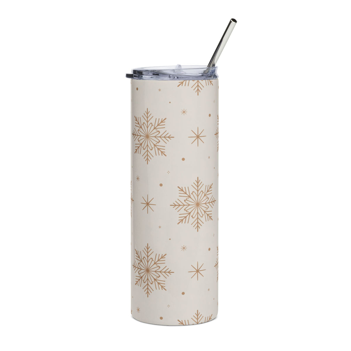 Cream tumbler with gold snowflake pattern and metal straw.