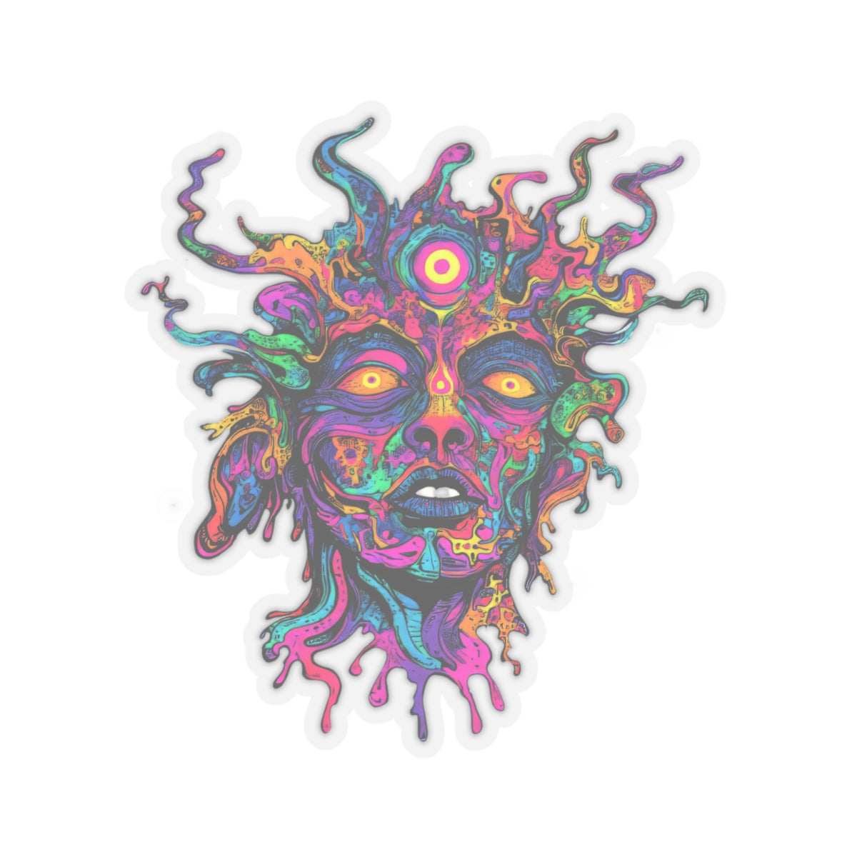 Psychedelic abstract face with third eye, bright colors, and flowing hair.