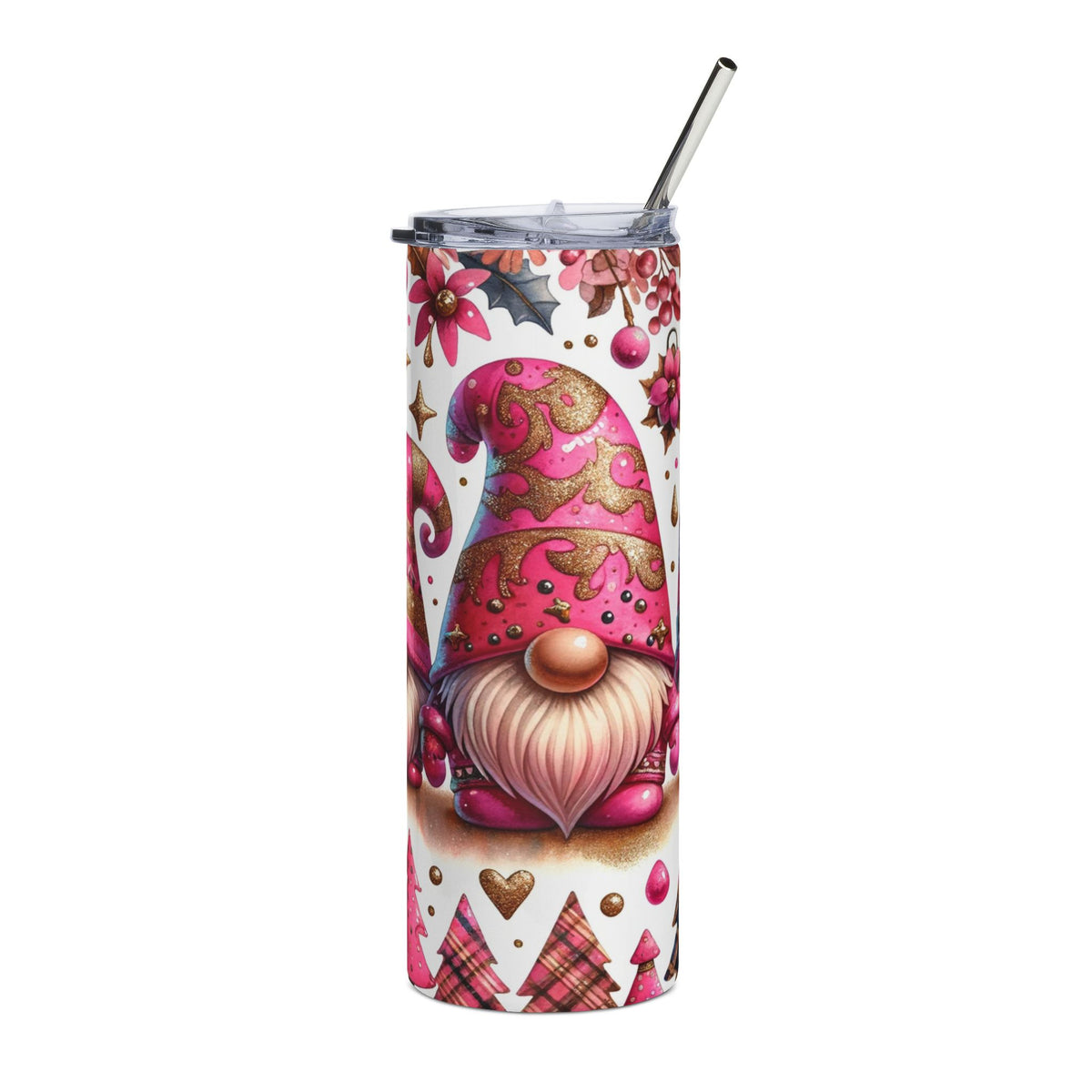 Pink gnome with gold glitter hat on a tumbler with festive Christmas patterns.
