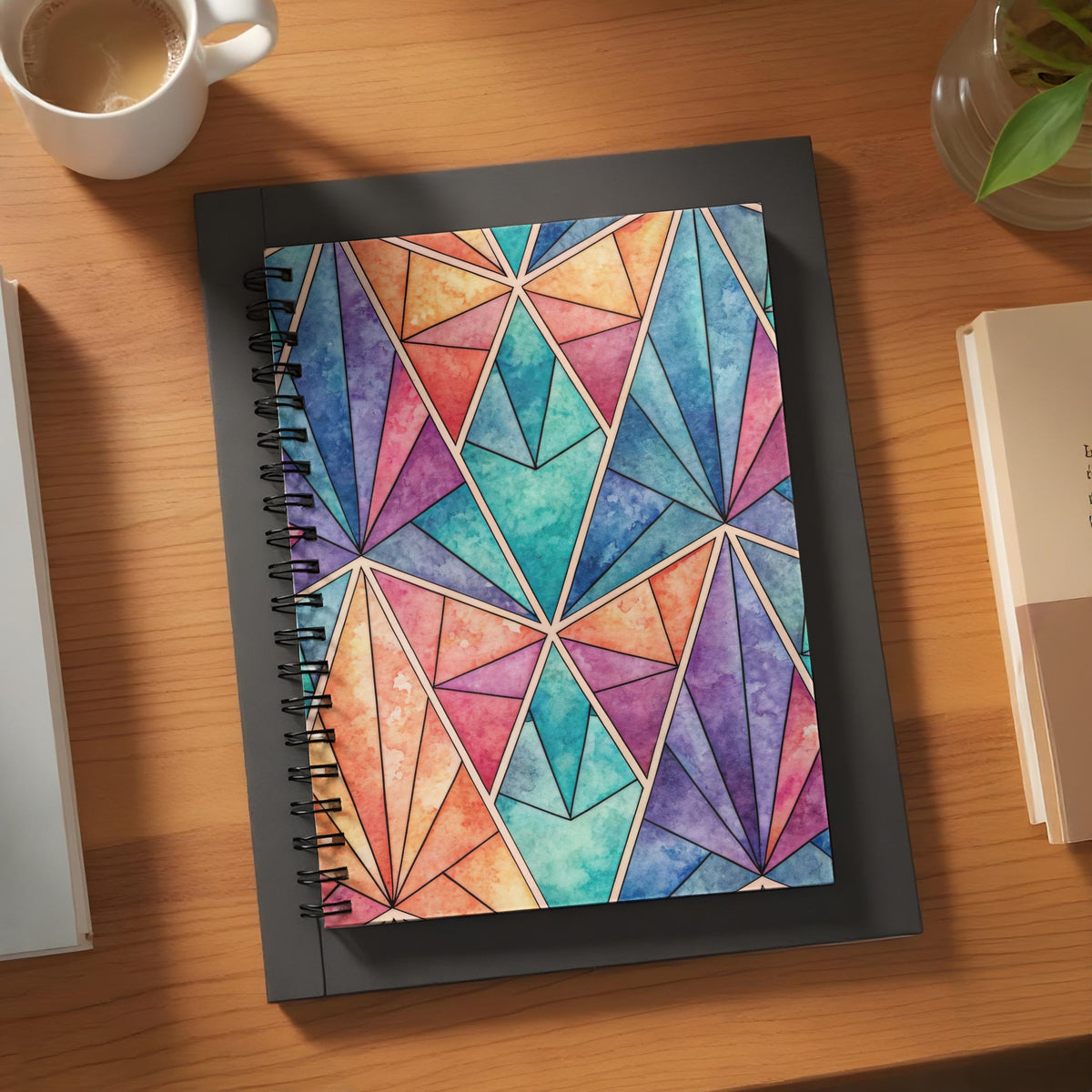 Notebook with a colorful geometric watercolor pattern on a wooden desk.